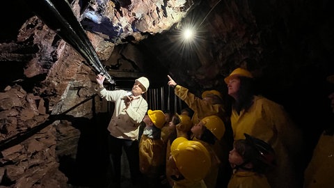 Ein Grubenführer führt eine Gruppe Kinder mit ihren Erzieherinnen durch die Grube Bindweide.