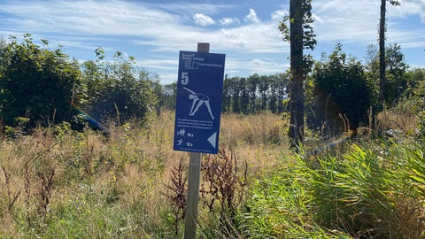 Ein blaues Schild steht auf einem Weg. Der Trimm-dich-Pfad in Bad Marienberg ist ein drei Kilometer langer Rundweg mit 20 verschiedenen Übungsstationen. 