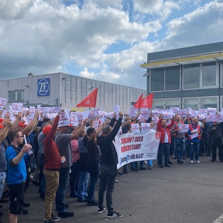 Mitarbeiterinnen und Mitarbeiter von ZF demonstrieren gegen den geplanten Stellenabbau. 