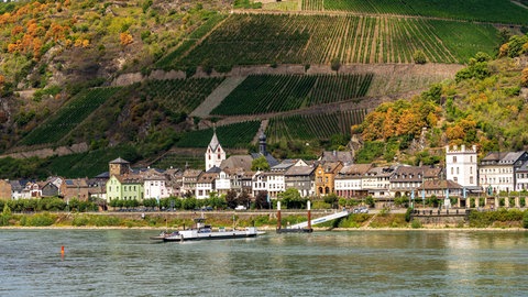 Eine Fähre auf dem Rhein zwischen Kaub und Engelsburg. Hier gilt das Deutschlandticket oder das Rheinland-Pfalz-Ticket für Ausflüge auf die andere Rheinseite