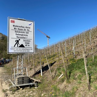 Bei Marienthal an der Ahr sind zwei neue Brücken per Kran auf ihre Pfeiler gesetzt worden. Über diese Brücken soll künftig der Ahrtal-Radweg führen. Die alten Bauwerke waren bei der Flutkatastrophe 2021 zerstört worden.