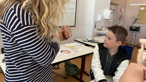 Eine Lehrerin erklärt dem sechsjährigen Tim anhand eines medizinischen Modells das Gehirn. Der Junge ist hochbegabt und besucht im Kinder-College unter anderem den Kurs "Kleine Medizinier". 