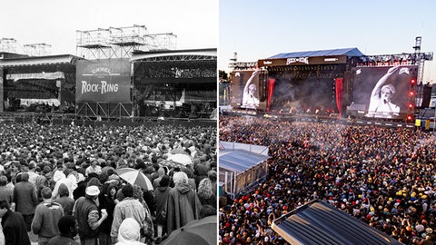 Festivalbesucher stehen 1985 und 2024 vor der Bühne bei Rock am Ring am Nürburgring. 2025 feiert das Festival sein 40-jähriges Jubiläum.