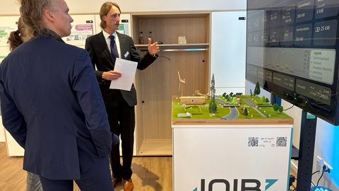 Ein Forscher erklärt ein Modell von einem virtuellen Kraftwerk