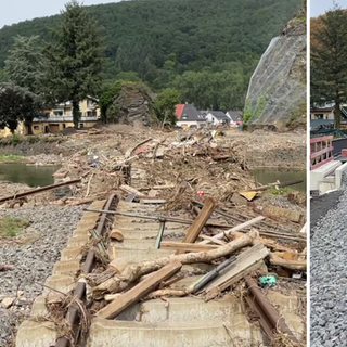 Die Bahn-Brücke in Altenahr-Kreuzberg im August 2021 und im Oktober 2025.