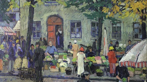 Ein Gemälde von Heinrich Hartung mit dem Titel "Markt". Es zeigt eine Koblenzer Marktszene in den 1920er Jahren. 