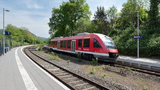 Ein Dieseltriebwagen auf der Lahntalbahn bei Nievern.