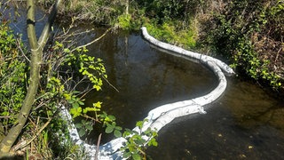 Helfer versuchen einen kleinen Bach von ausgelaufenem Diese zu befreien.
