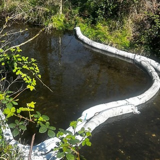 Helfer versuchen einen kleinen Bach von ausgelaufenem Diese zu befreien.