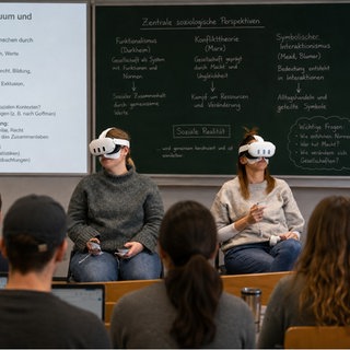 Während einer Vorlesung tragen zwei Frauen eine VR-Brille. (Foto-Collage)