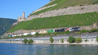 Ein Güterzug fährt an der Burgruine Ehrenfels im Mittelrheintal vorbei. Die Strecke wird generalsaniert.