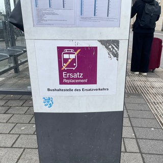 Bushaltestelle für den Schienenersatzverkehr am Bahnhof Landau: Weil Dachse einen Bahndamm untertunnelt haben, ist die Zugstrecke Landau-Winden gesperrt