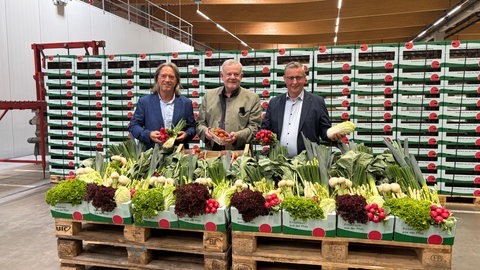 Aufsichtsratsvorsitzende von Pfalzmarkt eG Christian Deyerling und die  Pfalzmarkt-Vorstände Hans-Jörg Friedrich (Bildmitte) und Reinhard Oerther vor den Erntekörbchen