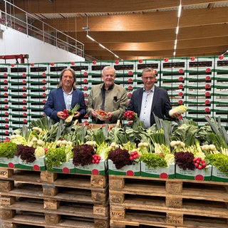 Aufsichtsratsvorsitzende von Pfalzmarkt eG Christian Deyerling und die  Pfalzmarkt-Vorstände Hans-Jörg Friedrich (Bildmitte) und Reinhard Oerther vor den Erntekörbchen