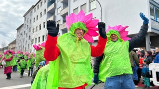 Viele Narren ziehen beim Fasnachtsumzug Mannheim-Ludwigshafen durch die Stadt.