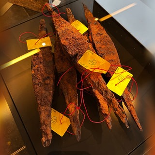 Eisenbarren aus vorrömischer Zeit in einer Glasvitrine: Die Barren sind von einer Sondengängerin im Wald bei Speyer gefunden worden.