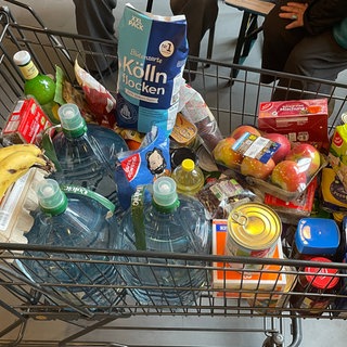 Ein Einkaufswagen voller Lebensmittel. Ein Beispiel dafür, wie viele Lebensmittel man braucht, wenn man wegen eines Katastrophenfalls oder einer Notlage mehrere Tage zuhause bleiben muss und nicht einkaufen gehen kann.