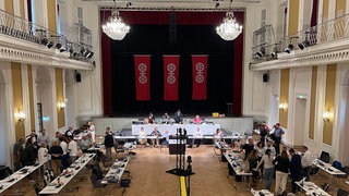 Da das Mainzer Rathaus aktuell umgebaut wird, tagt der Stadtrat im Schloss in der Nähe des Rheins.