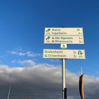 Das Schild für die neue Route: 18 Kilometer der Pendlerradroute Bingen-Mainz wurden für den Radverkehr freigegeben. 