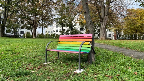 Regenbogenbank im Mainzer Hartenbergpark steht für jede Schmierei auf dem Regenbogen-Zebrastreifen in der Altstadt.