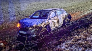 Ein demoliertes Auto steht am Straßenrand: Auf der Rheinhessenstraße in Mainz ist ein Aoto von der Fahrbahn abgekommen und gegen einen Baum geprallt.