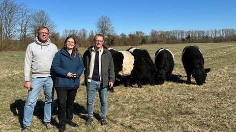 Rinderzüchter Hans Gugumus, Umweltdezernentin Christiane Döll und Projektleiter Philipp Lutzenburg mit den Galloway-Rindern am Polder Ingelheim. 