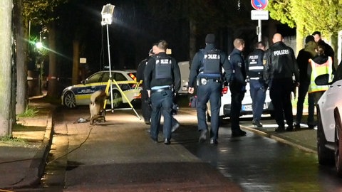 Polizisten im Dunkeln von hinten auf einer Straße in Bad Kreuznach, nachdem Schussgeräusche gemeldet wurden.