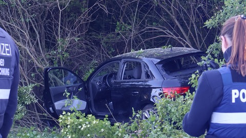 Ein schwarzes Auto mit kaputten Seitenscheiben steht nach einem Unfall in einem Gebüsch.