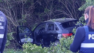 Ein schwarzes Auto mit kaputten Seitenscheiben steht nach einem Unfall in einem Gebüsch.