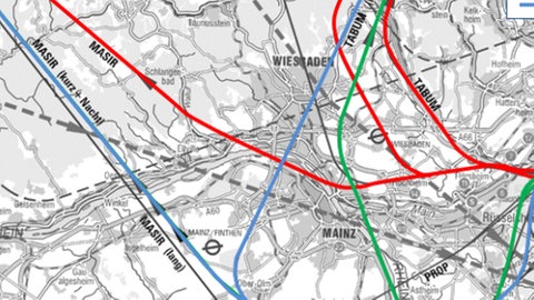Eine Landkarte mit Abflugsrouten des Frankfurter Flughafens