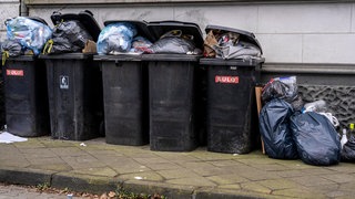 Mehrer überfüllte Restmülltonnen stehen an einer Hauswand: Der Kreis Alzey-Worms hat seine neuen Müllgebühren vorgestellt. 