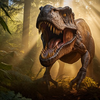 Ein Tyrannosaurus Rex zeigt seine Zähne in einem prähistorischen Wald mit üppiger Vegetation, Farnen und Sonnenlicht.