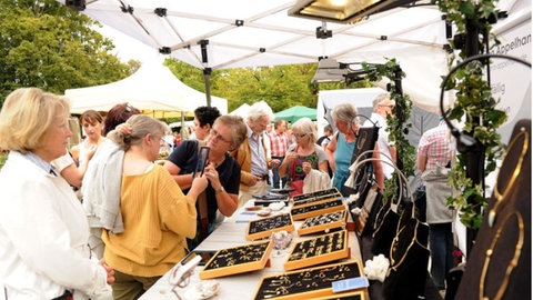 Besucherinnen stehen an einem Schmuckstand auf dem Mainzer Weinmarkt: Schmuck, Kleidung und viel Dekoratives gibt es auf dem Künstlermarkt zu entdecken und zu kaufen. 