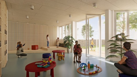 Der Entwurf eines Raums in einer der neuen bilingualen Kitas in Mainz. Leerstehende Büroräume im Heiligkreuz-Viertel sollen bis zum Frühjahr 2026 entsprechend umgebaut werden.