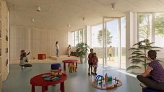 Der Entwurf eines Raums in einer der neuen bilingualen Kitas in Mainz. Leerstehende Büroräume im Heiligkreuz-Viertel sollen bis zum Frühjahr 2026 entsprechend umgebaut werden.