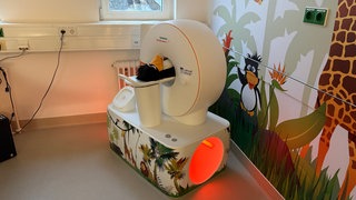 Ein Kuscheltier-Pinguin liegt in einem Mini-MRT: Das Gerät an der Mainzer Unimedzin soll Kindern die Angst vor Untersuchungen nehmen. 
