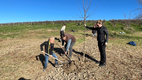 Mit Spaten und Schaufeln graben die Kinder und ihre Helfer tiefe Löcher in den Boden.