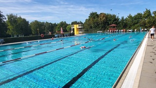 Schwimmerinnen und Schwimmer im Becken vom Freibad Gimbsheim. Hier findet das 25-Stunden-Schwimmen statt. 