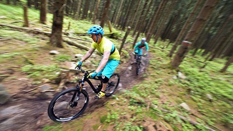 Mountainbiker fahren auf einem sogenannten Trail durch den Wald