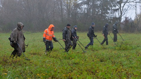 Männer mit Metallsuchgeräten durchsuchen die Wiese bei Riol nach antiken Fundstücken.