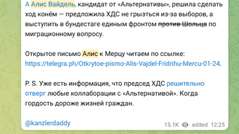 Der russische Kanal "Kanzlerdaddy" teilt etwa auf Telegram Inhalte der AfD. Hier wird eine russische Übersetzung eines offenen Briefs von AfD-Chefin Alice Weidel an CDU-Chef Friedrich Merz verlinkt.