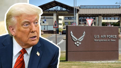 Kollage aus Trump-Portrait und Eingangsbereich der US-Airbase Spangdahlem in der Eifel.
