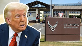 Kollage aus Trump-Portrait und Eingangsbereich der US-Airbase Spangdahlem in der Eifel.