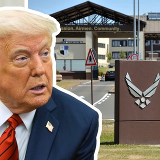 Kollage aus Trump-Portrait und Eingangsbereich der US-Airbase Spangdahlem in der Eifel.