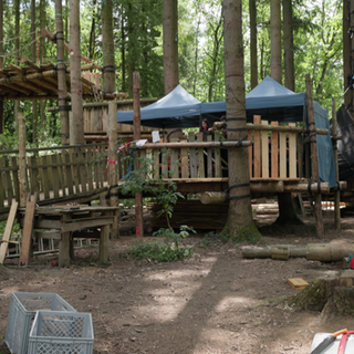 Ein paar Plattformen, die auf ungefähr einem Meter Höhe an Bäumen befestigt wurden. Auf ihnen befinden sich zum Teil Zelte