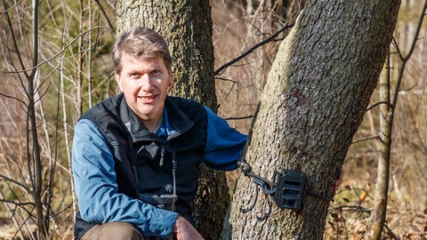 Forscher Marco Heurich befestigt einen Audiorecorder an einem Baum im Nationalpark Hunsrück-Hochwald. Damit sollen Daten über das Leben im Wald gesammelt werden. 