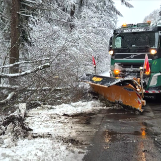 Ein Lkw räumt eine Straße von Schnee und Ästen.