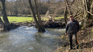 Am Fischbach bei Herrstein hat das Totholz eine Art natürlichen Staudamm geschaffen. Landwirt Tobias Brunk wünscht sich, dass er beseitigt wird.