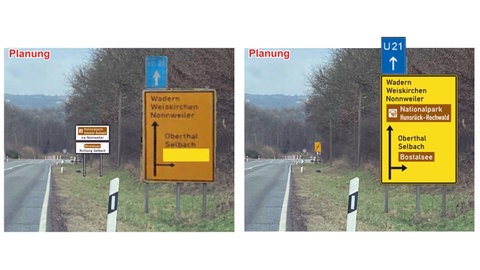 Im Nationalpark Hunsrück-Hochwald könnten die vorhanden Verkehrsschilder entweder durch weitere Schilder zum Park ergänzt werden (linke Variante). Oder die Informationen werden in die vorhandenen Schilder integriert (rechte Variante).