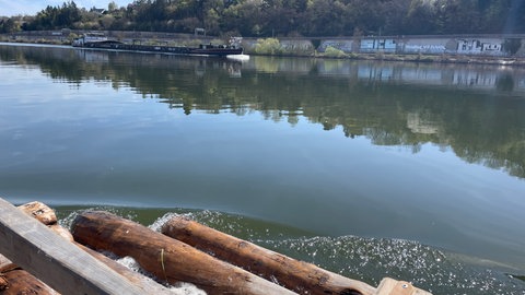 Begegnung mit einem Schiff, kurz vor Trier: Auf der Mosel ist genügend Platz zum Ausweichen. 
